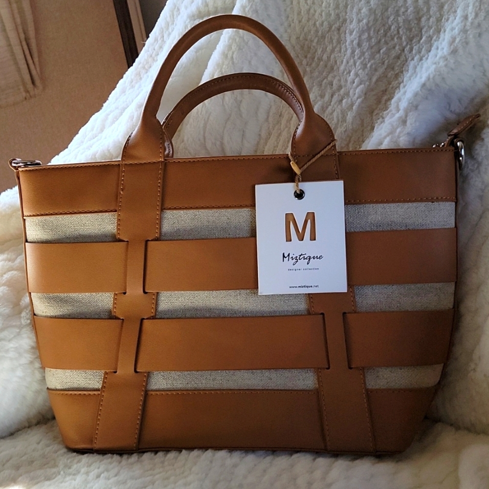 Miztique satchel bag in Tan and cream